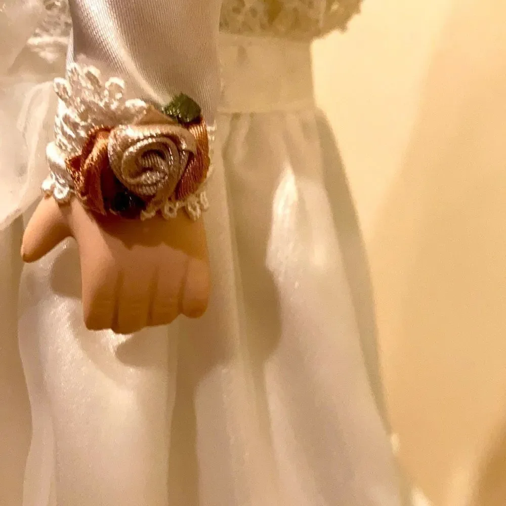 Porcelain doll with satan and lace trim dress with umbrella 15 inches